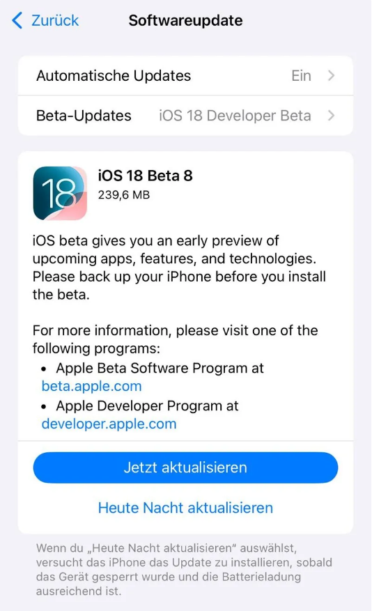 齐干却勒街道苹果手机维修分享苹果 iOS / iPadOS 18 开发者预览版 Beta 8 发布 